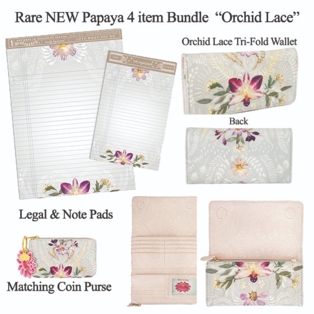 RARE Papaya NWT "Orchid Lace" Tri-Fold Wallet, Coin Purse, Legal and small Pad